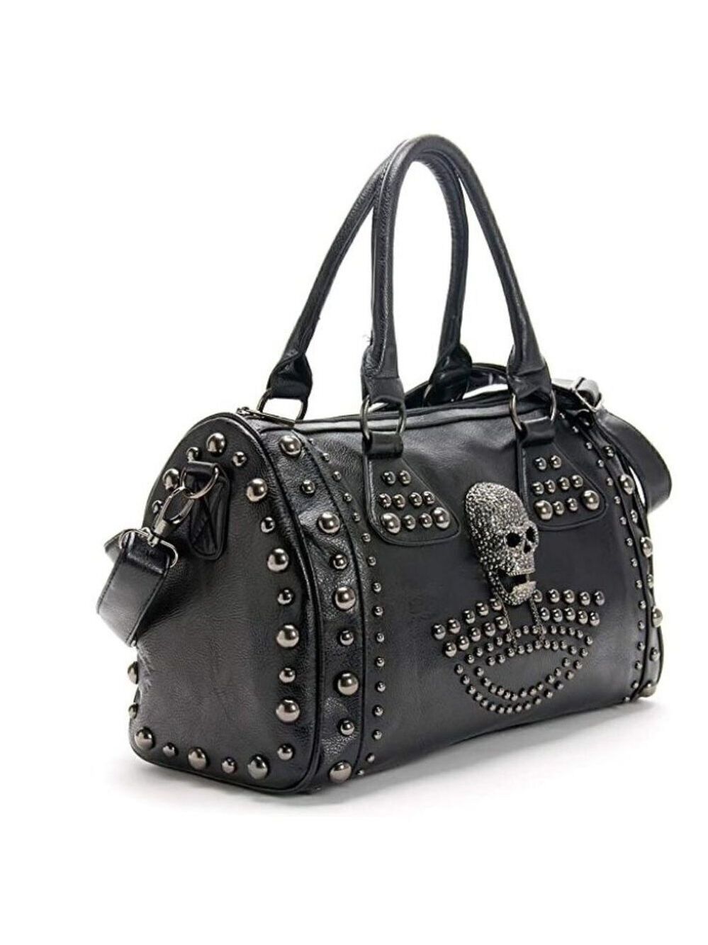𝅺BLACK Leather Skull Handbag Large Gothic Shoulder Bag Biker Rocker Studded NWT